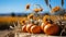 A pumpkins and flowers on bales of hay. Generative AI.