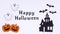 Pumpkins, ghosts, bats and house of horror move around Happy Halloween title. Stop motion