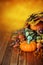 Pumpkins, gourds, and leaves in an Autumn cornucopia