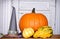 Pumpkins, gourds and a witches hat
