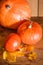 Pumpkins on grunge wooden backdrop background