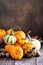 Pumpkins, indian corn and variety of squash