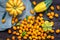 Pumpkins and Kumquats on Dark Wooden Table, Autumn Concept, Top View