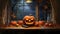 Pumpkins, leaves vases on a wooden kitchen counter in the background a window of trees, fog and Forest, a Halloween image