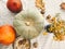 Pumpkins, nuts,yellow flowers, dried herbs, fall leaves on rustic table, flat lay. Fall decor and arrangement on table. Autumn