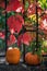 Pumpkins and red leaves outdoor