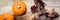 Pumpkins and rose hips on wooden table, panorama