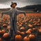 pumpkins and a scarecrow pose for a halloween photo