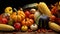 pumpkins, squash and corn harvest on the table