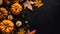 Pumpkins, star anises, nuts and maple leaves, fall harvest on black background, top view, Thanksgiving and Halloween autumn