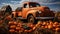 Pumpkins surround an old vintage truck in a fall barn country setting - generative AI