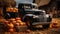 Pumpkins surround a vintage truck in a fall barn country setting - generative AI