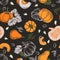 Pumpkins vector seamless pattern. Sketch hand drawn illustration. Autumn gourd harvest, seeds on black background