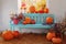 Pumpkins on wooden bench indoor