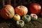 Pumpkins with wooden fence, autumn rural background