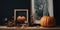 Pumpkins on wooden table and in frame, dry leaves, gloomy picture on dark background.