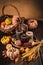 Pumpkins on wooden table - Thanksgiving, fall themed holiday table setting arrangement for a seasonal party