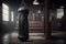 punching bag in a gym, surrounded by benches and weight equipment