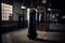 punching bag in a gym, surrounded by benches and weight equipment