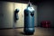 punching bag, with pair of boxing gloves hanging from it, in gym or fitness studio setting