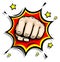 Punching fist emblem. Comic boom cloud logo