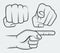 Punching fist, hand with index finger pointing at the viewer and side view pointing hand