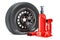 Puncture car wheel with hydraulic bottle jack, 3D rendering