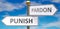 Punish and pardon as different choices in life - pictured as words Punish, pardon on road signs pointing at opposite ways to show