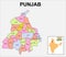 Punjab map. Political and administrative map of Punjab with districts name. Showing International and State boundary and district