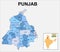 Punjab map. Political and administrative map of Punjab with districts name. Showing International and State boundary and district