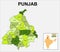 Punjab map. Political and administrative map of Punjab with districts name. Showing International and State boundary and district