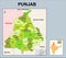 Punjab map. Political and administrative map of Punjab with districts name. Showing International and State boundary and district