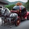 Punk luxury carriage wagon pulled by strong horses, town in background, dystopian future scene