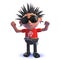 Punk rocker cartoon character in 3d with his arms raised high