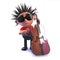 Punk rocker cartoon character in 3d playing a double bass guitar