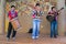 Puno, Peru - circa June 2015: Musicians perform in traditional Peruvian clothes near Puno, Peru