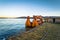 Puno, Peru - July 30, 2017: Boats of the traditional Uros village in Puno, Peru