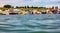 Punta Sabbione landscape at sunset at the mouth of the marina with panorama of Venice in the background