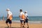 Punta Umbria, Huelva, Spain - August 7, 2020: Beach safety guard of Junta de Andalucia is controlling the social distancing and