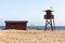 Punta Umbria, Huelva, Spain - July 9, 2020: The staff of Lifeguard tower and first aid house are cleaning and picking up at the