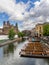 Punts lined up on river in Cambridge England