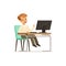 Pupil of elementary school sitting at computer, informatics lesson at school vector Illustration on a white background