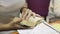 Pupil with schoolbook of french language