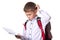 A pupil solving the task, holding exercise book. Portrait of intelligent pupil on the white background