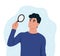 Pupil, student holds a magnifying glass in his hands, looking for an answer.Flat vector illustration