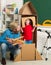 Pupil studies astronomy with funny teacher. Kid in paper toy rocket. Childhood Dreams.
