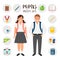Pupils boy and girl. Icons set tools stationary for school. Vector illustration