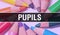 Pupils concept banner with texture from colorful items of education, science objects and 1 september School supplies. pupils with