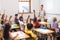 Pupils raising hand in classroom