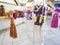 Puppet model on Cloth shop with child clothing and cotton bags, modern fashion clothes and accesories, props